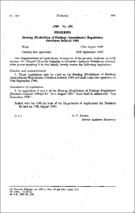 The Herring (Prohibition of Fishing) (Amendment) Regulations (Northern Ireland) 1980