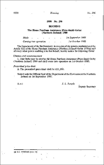 The Home Purchase Assistance (Price-limit) Order (Northern Ireland) 1980