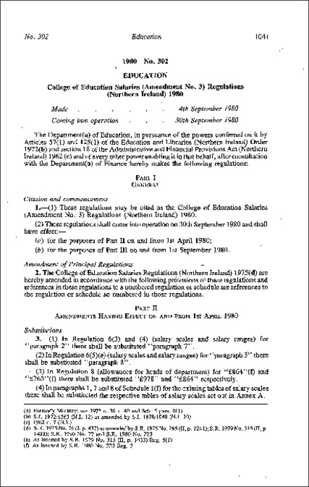 The College of Education Salaries (Amendment No. 3) Regulations (Northern Ireland) 1980