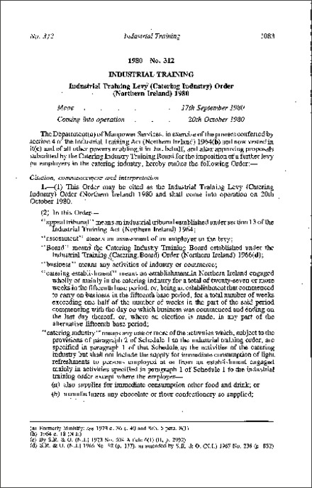 The Industrial Training Levy (Catering Industry) Order (Northern Ireland) 1980