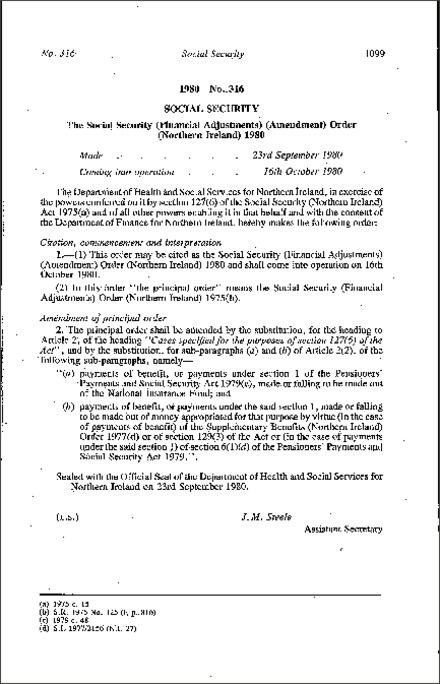 The Social Security (Financial Adjustments) (Amendment) Order (Northern Ireland) 1980