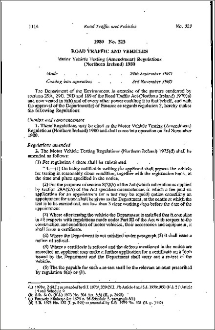 The Motor Vehicle Testing (Amendment) Regulations (Northern Ireland) 1980