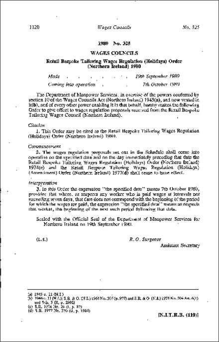 The Retail Bespoke Tailoring Wages Regulation (Holidays) Order (Northern Ireland) 1980