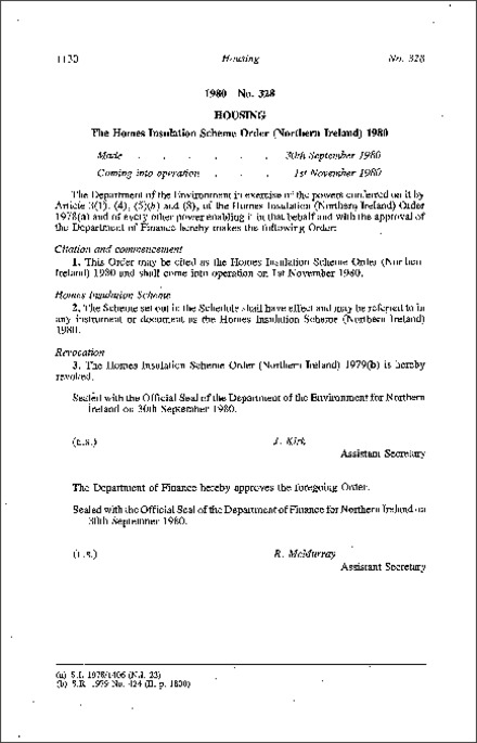 The Homes Insulation Scheme Order (Northern Ireland) 1980