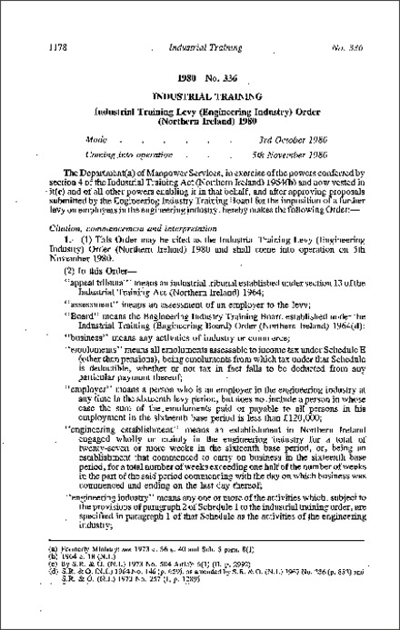 The Industrial Training Levy (Engineering Industry) Order (Northern Ireland) 1980