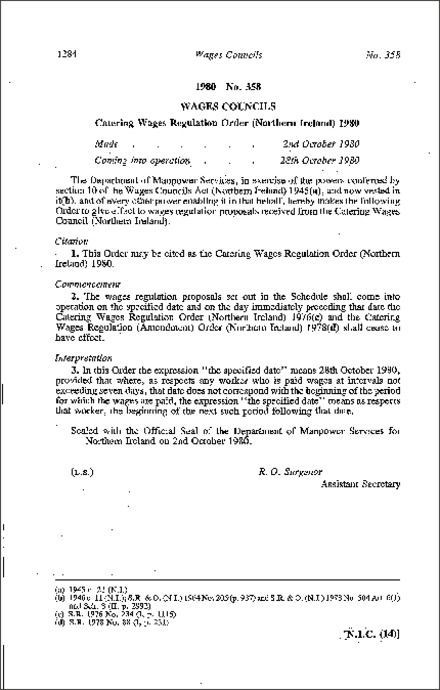 The Catering Wages Regulation Order (Northern Ireland) 1980