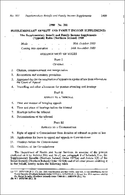 The Supplementary Benefit and Family Income Supplements (Appeals) Rules (Northern Ireland) 1980