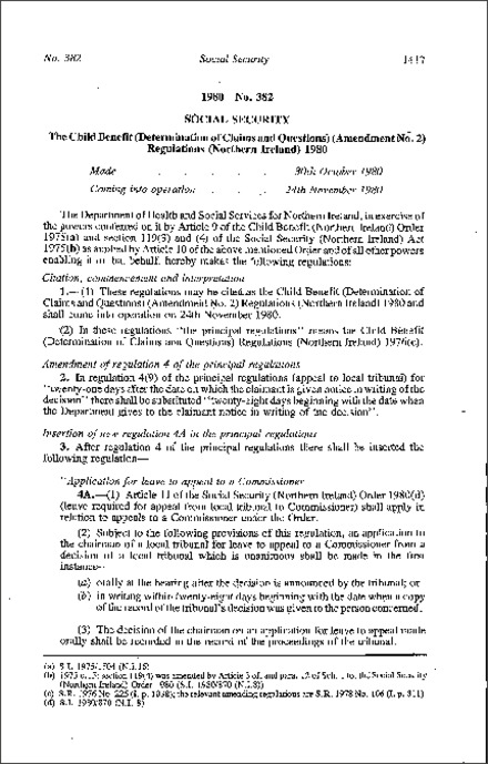 The Child Benefit (Determination of Claims and Questions) (Amendment No. 2) Regulations (Northern Ireland) 1980