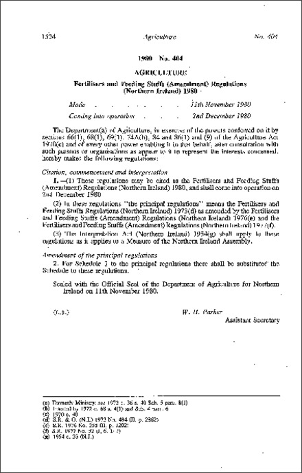 The Fertilisers and Feeding Stuffs (Amendment) Regulations (Northern Ireland) 1980