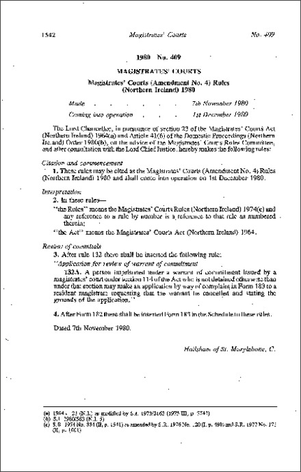 The Magistrates' Courts (Amendment No. 4) Rules (Northern Ireland) 1980