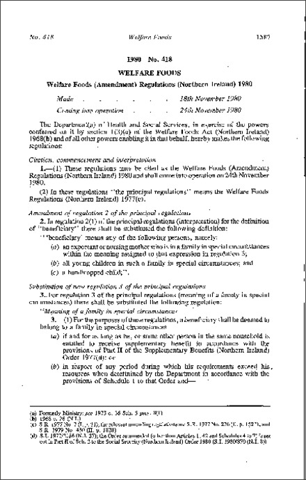 The Welfare Foods (Amendment) Regulations (Northern Ireland) 1980