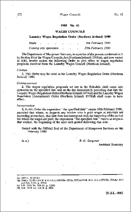 The Laundry Wages Regulation Order (Northern Ireland) 1980