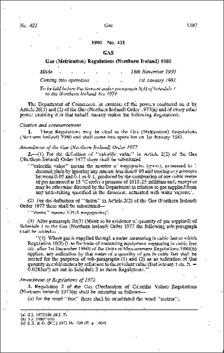 The Gas (Metrication) Regulations (Northern Ireland) 1980