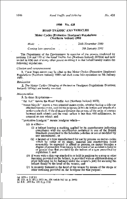 The Motor Cycles (Protective Headgear) Regulations (Northern Ireland) 1980