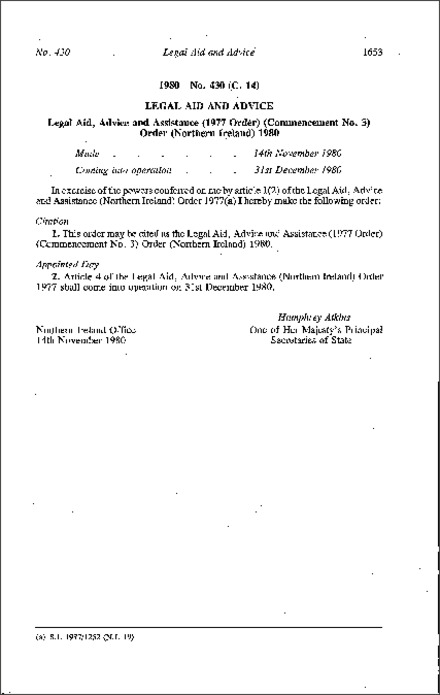 The Legal Aid, Advice and Assistance (1977 Order) (Commencement No. 3) Order (Northern Ireland) 1980