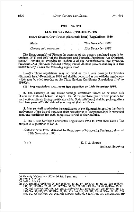 The Ulster Savings Certificates (Sixteenth Issue) Regulations (Northern Ireland) 1980