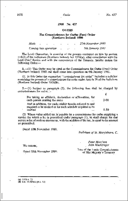 The Commissioners for Oaths (Fees) Order (Northern Ireland) 1980