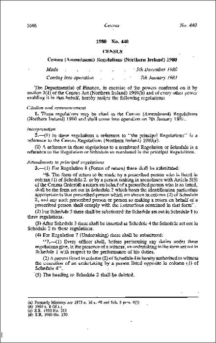 The Census (Amendment) Regulations (Northern Ireland) 1980