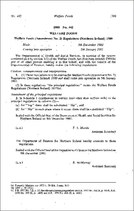 The Welfare Foods (Amendment No. 2) Regulations (Northern Ireland) 1980