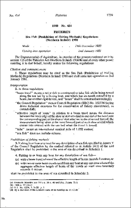 The Sea Fish (Prohibition of Fishing Methods) Regulations (Northern Ireland) 1980