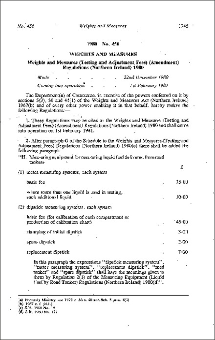 The Weights and Measures (Testing and Adjustment Fees) (Amendment) Regulations (Northern Ireland) 1980