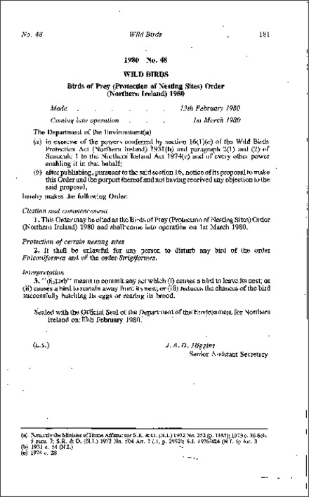 The Birds of Prey (Protection of Nesting Sites) Order (Northern Ireland) 1980