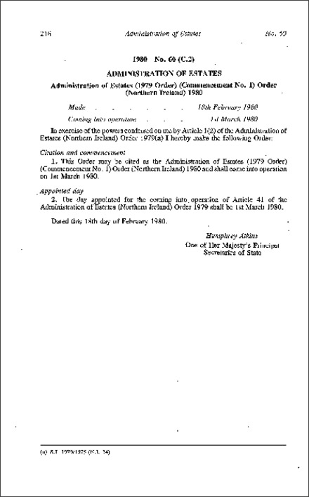 The Administration of Estates (1979 Order) (Commencement No. 1) Order (Northern Ireland) 1980