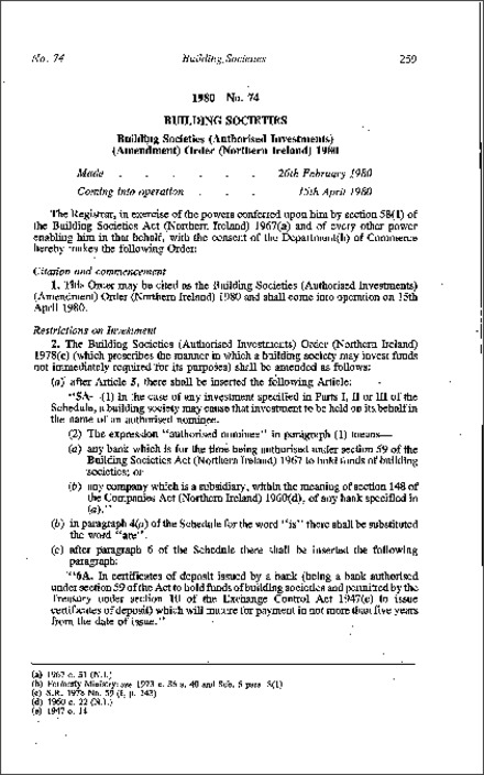 The Building Societies (Authorised Investments) (Amendment) Order (Northern Ireland) 1980