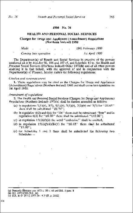 The Charges for Drugs and Appliances (Amendment) Regulations (Northern Ireland) 1980