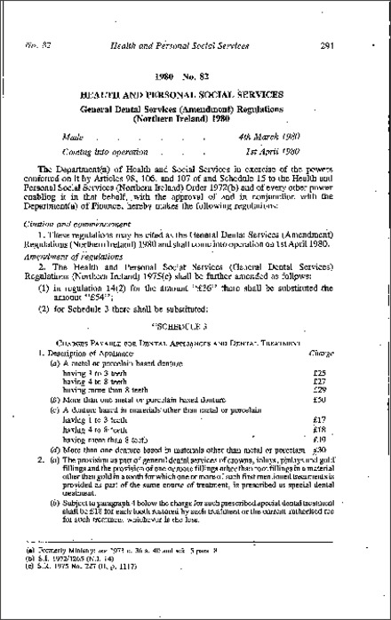 The General Dental Services (Amendment) Regulations (Northern Ireland) 1980