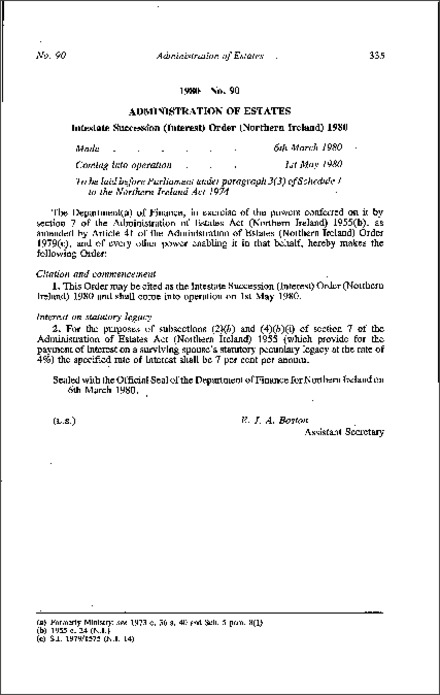 The Intestate Succession (Interest) Order (Northern Ireland) 1980