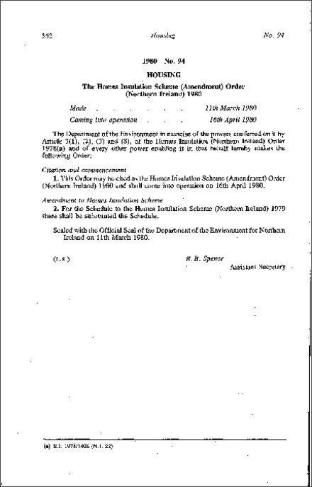 The Homes Insulation Scheme (Amendment) Order (Northern Ireland) 1980
