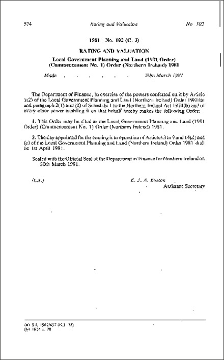 The Local Government Planning and Land (1981 Order) (Commencement No. 1) Order (Northern Ireland) 1981