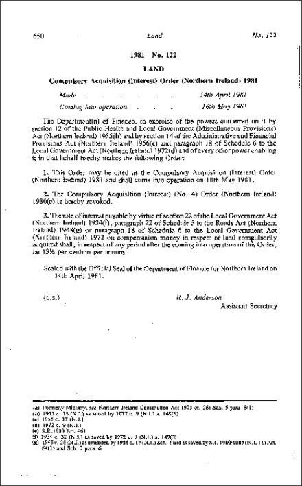 The Compulsory Acquisition (Interest) Order (Northern Ireland) 1981