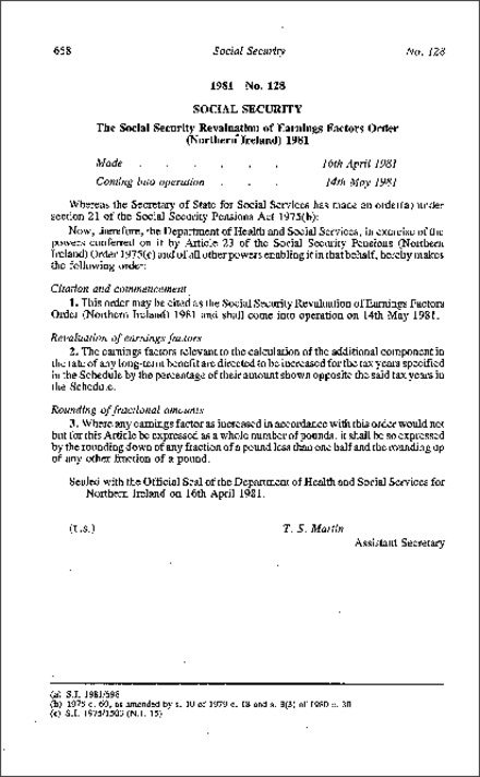 The Social Security Revaluation of Earnings Factors Order (Northern Ireland) 1981