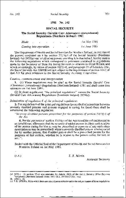 The Social Security (Invalid Care Allowance) (Amendment) Regulations (Northern Ireland) 1981