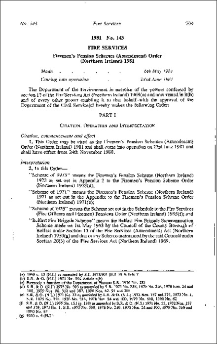 The Firemen's Pension Schemes (Amendment) Order (Northern Ireland) 1981