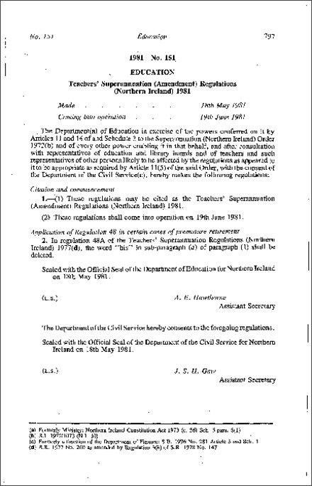 The Teachers' Superannuation (Amendment) Regulations (Northern Ireland) 1981