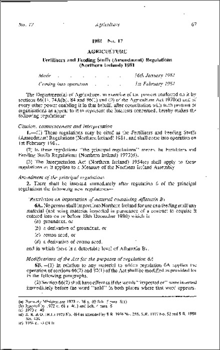 The Fertilisers and Feeding Stuffs (Amendment) Regulations (Northern Ireland) 1981