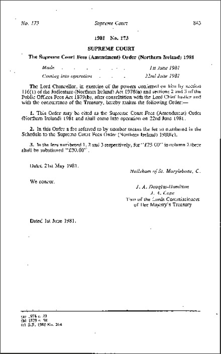 The Supreme Court Fees (Amendment) Order (Northern Ireland) 1981