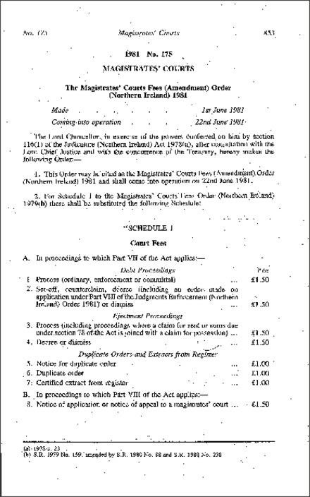 The Magistrates' Courts Fees (Amendment) Order (Northern Ireland) 1981