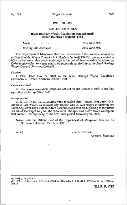 The Road Haulage Wages Regulation (Amendment) (Northern Ireland) 1981