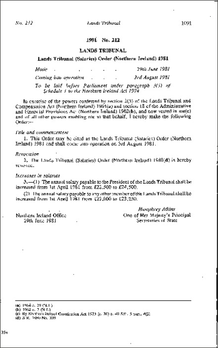 The Lands Tribunal (Salaries) Order (Northern Ireland) 1981