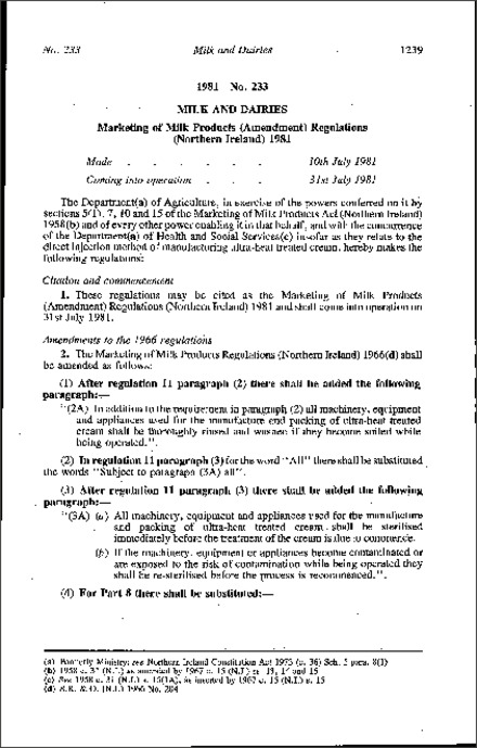 The Marketing of Milk Products (Amendment) Regulations (Northern Ireland) 1981
