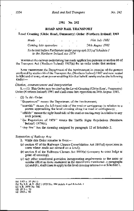 The Level Crossing (Glebe Road, Dunmurry) Order (Northern Ireland) 1981