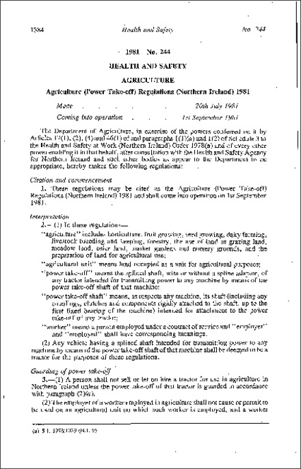 The Agriculture (Power Take-off) Regulations (Northern Ireland) 1981