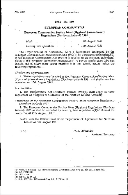 The European Communities Poultry Meat (Hygiene) (Amendment) Regulations (Northern Ireland) 1981