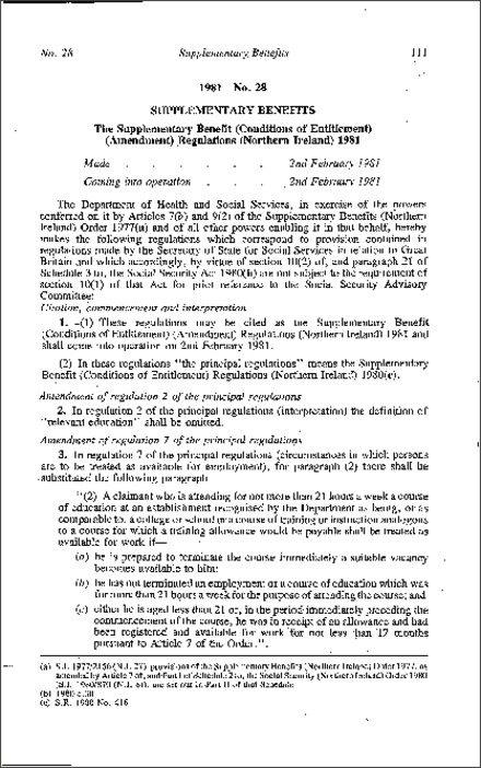 The Supplementary Benefit (Conditions of Entitlement) (Amendment) Regulations (Northern Ireland) 1981
