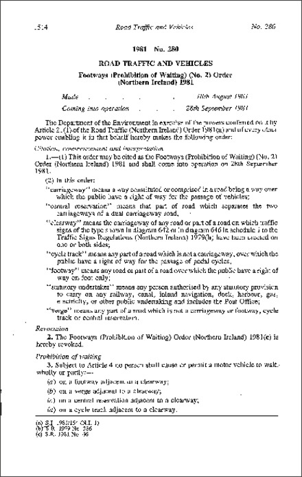 The Footways (Prohibition of Waiting) (No. 2) Order (Northern Ireland) 1981