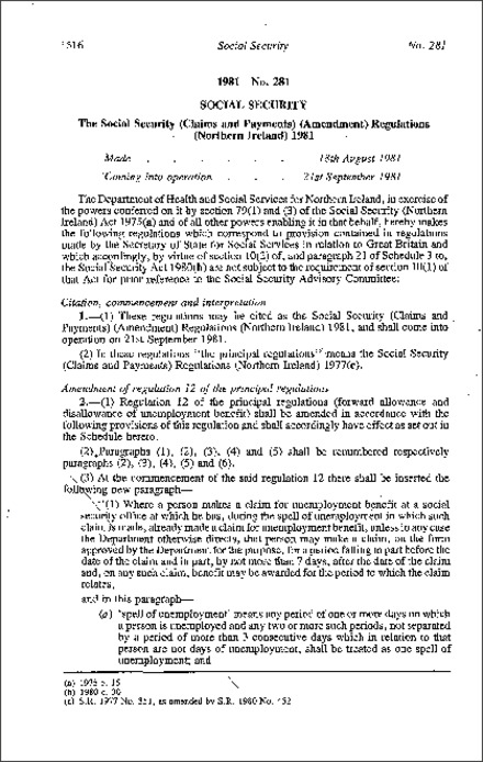 The Social Security (Claims and Payments) (Amendment) Regulations (Northern Ireland) 1981